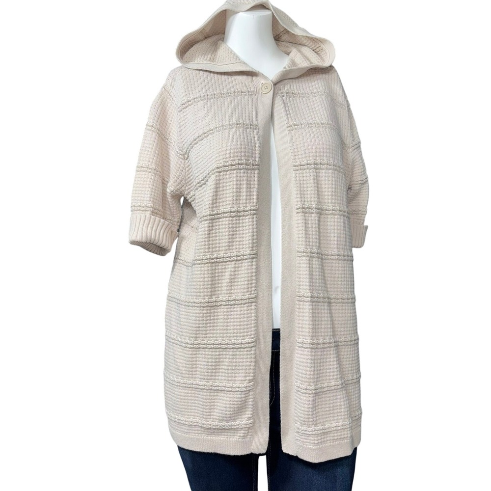 Woolrich Cardigan Womens S Hooded Short Sleeve Waffle Knit Open Front Sweater‎